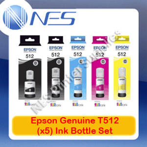 Epson Genuine T512 BK/C/M/Y/PBK (x5) Refill Ink Bottle Set for ET-7700/ET-7750